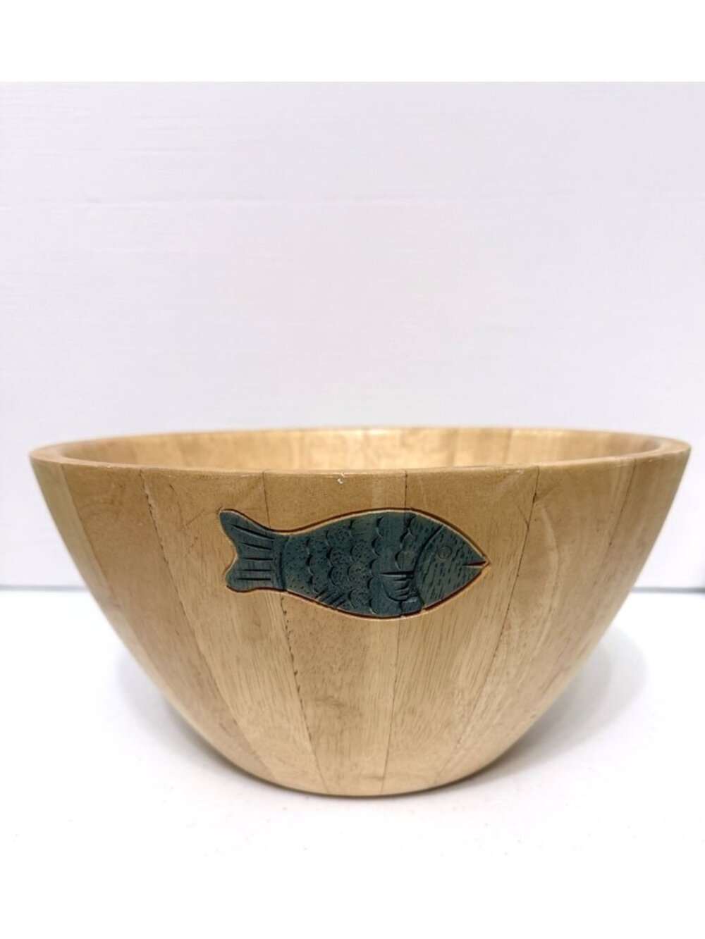 Vintage 1999 Clay Art Hand Painted Wooden Bowl Green Carved Fish 12" x 6"
